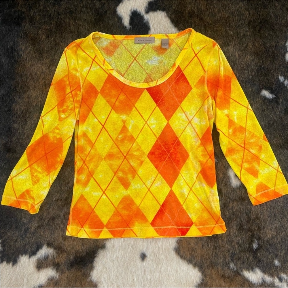 Yellow and orange argyle mesh top size M